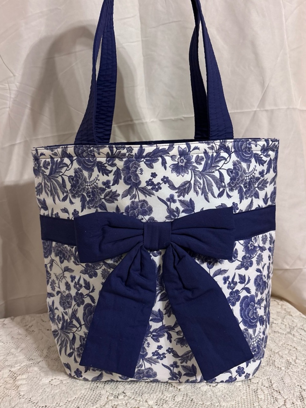 NaRaYa Blue Floral Bow Tote Bag – Elegant Cotton Handbag